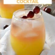 two small, clear glasses with orange on the bottom and peach colored on the top filled with ice cubes and garnished with cranberries on a bamboo stick with title graphic across the top.