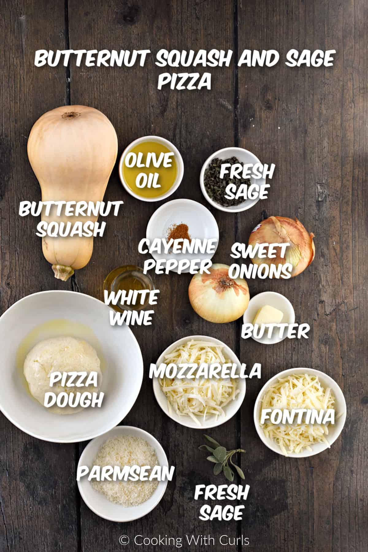 Ingredients needed to make butternut squash and sage pizza. 