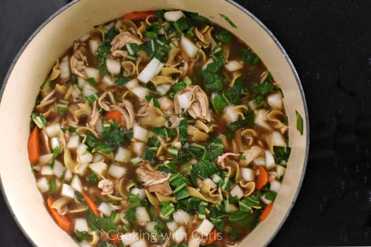 Chinese Chicken Noodle Soup simmering in a large pot. 
