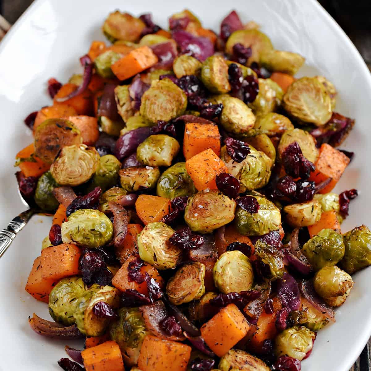 Roasted Brussels Sprouts and Squash with dried Cranberries