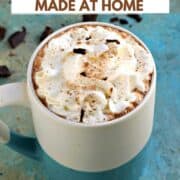 Caffe Mocha topped with whipped cream and chocolate shavings with title graphic across the top.