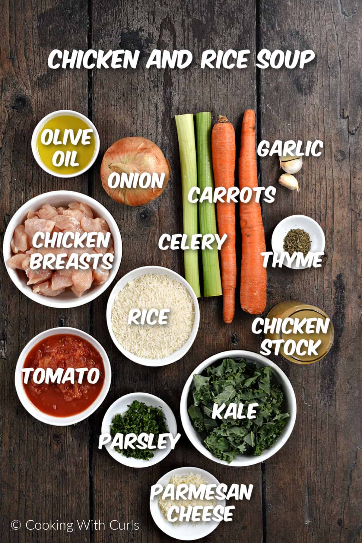 Ingredients needed to make chicken and rice soup. 