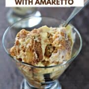 Italian Amaretto Tiramisu served in glass dessert bowls with title graphic across the top.