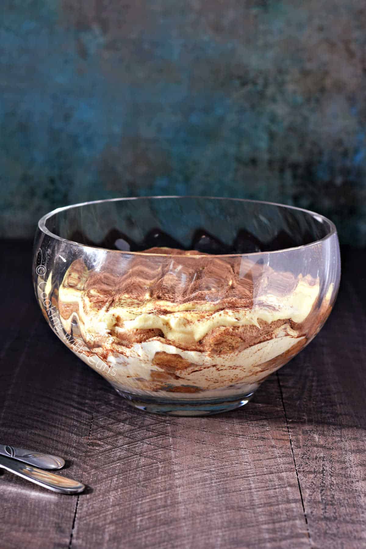 Amaretto Tiramisu layered in a large crystal bowl.