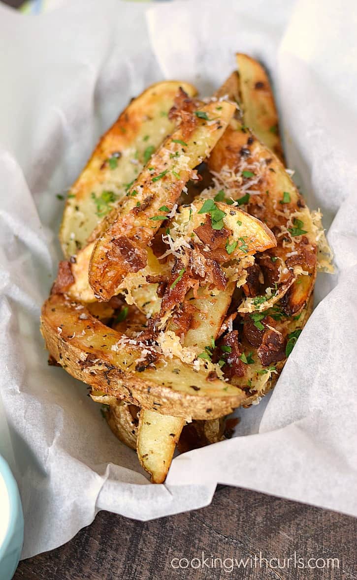 Parmesan-Bacon Garlic Potato Wedges! cookingwithcurls.com