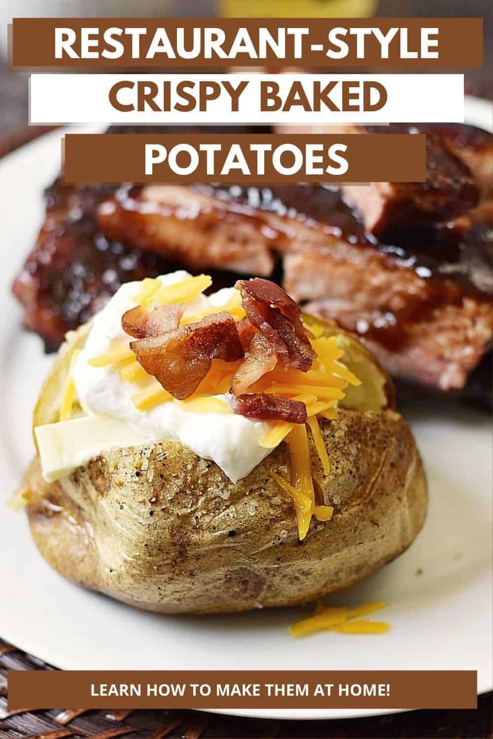 A baked potato topped with butter, sour cream, grated cheddar, and bacon chunks with a stack of barbecue ribs in the background and title graphic across the top.