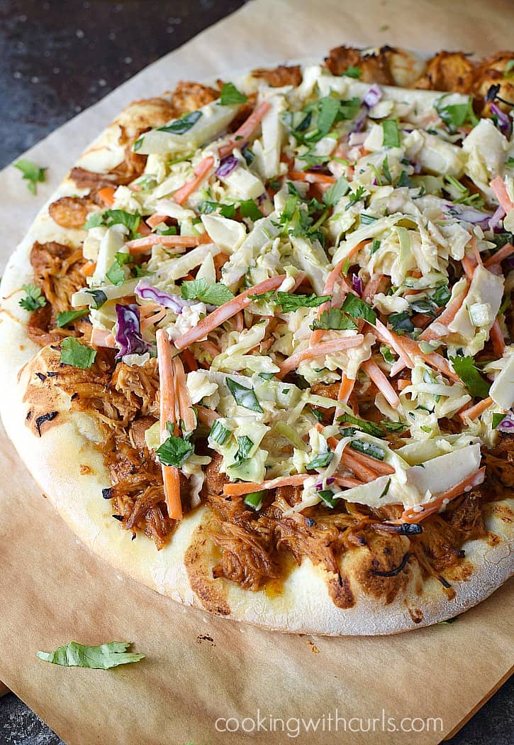 Barbecue Chicken Pizza topped with Apple Coleslaw and white cheddar cheese for a whole new taste sensation | cookingwithcurls.com