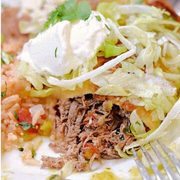 Shredded beef spilling out of fried tortilla casing topped with shredded lettuce, and salsa next to Spanish rice.