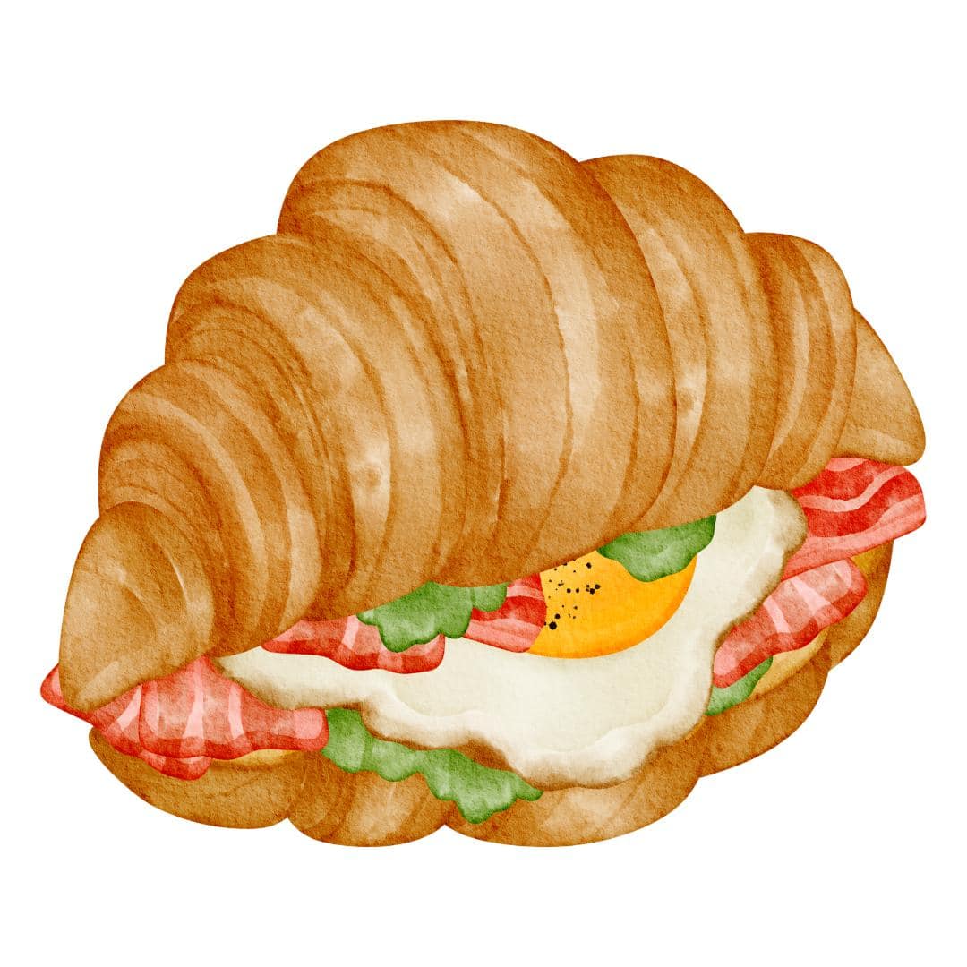 Bacon egg and cheese croissant sandwich graphic.