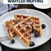 Blueberry Lemon Waffled Muffins with lemon glaze and title graphic across the bottom.