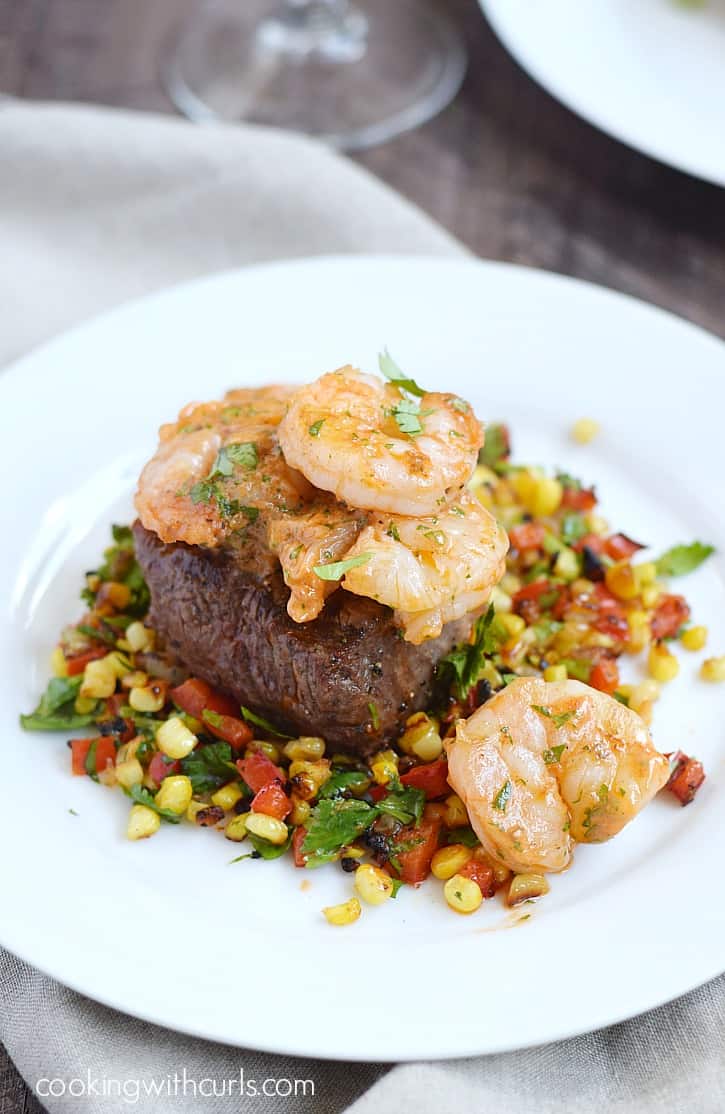 Beef Tenderloin with Tomato Butter Shrimp and Grilled Corn Relish
