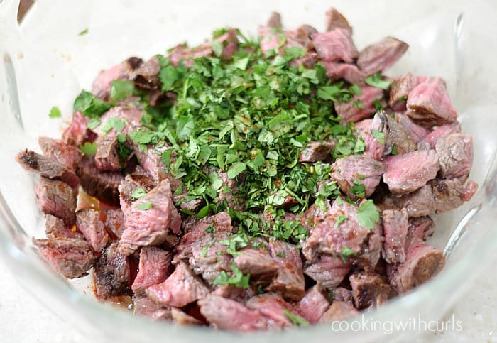 Steak pieces in a large bowl with seasonings and chopped cilantro.