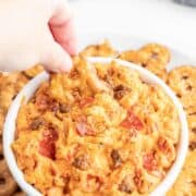 Cheesy, meaty dip surrounded by pretzel chips.