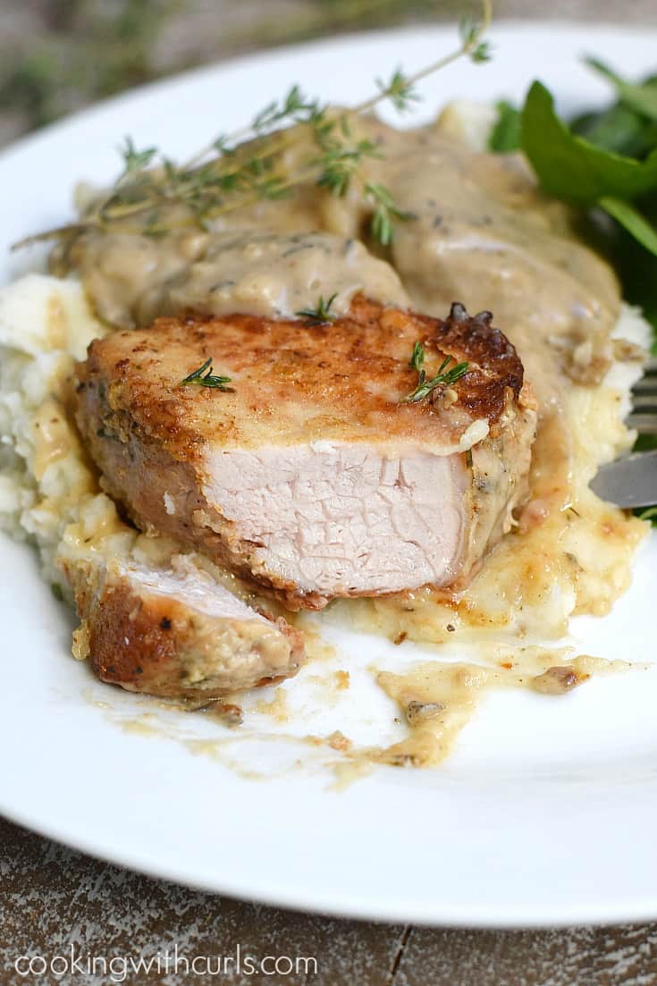 Moist and delicious Skillet Pork Chops with Herb Gravy are the perfect family meal during the busy fall back-to-school season | cookingwithcurls.com #sponsored #ad