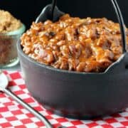 Baked beans in a cast iron pot.