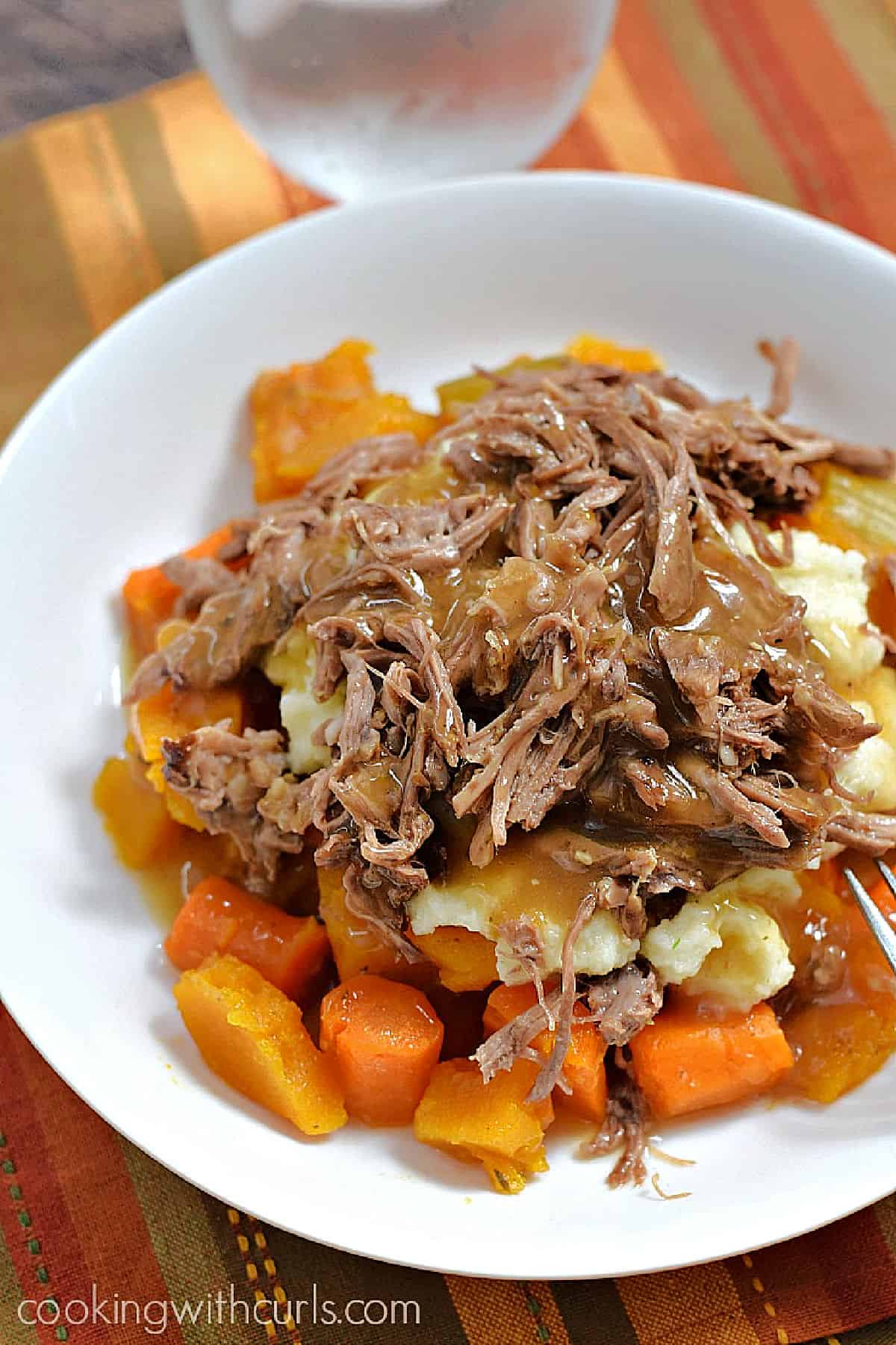 Simple Pot Roast with Carrots and Squash on a bed of mashed potatoes. 