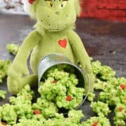 A stuffed Grinch toy holding a silver bucket of spilled green popcorn with red heart and colored candies and title graphic across the top.