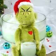 A punch bowl filled with green sherbet punch behind a stuffed Grinch toy holding a glass of punch with title graphic across the top.