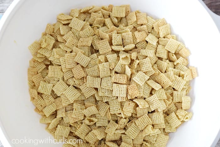 Rice chex in an extra large bowl.