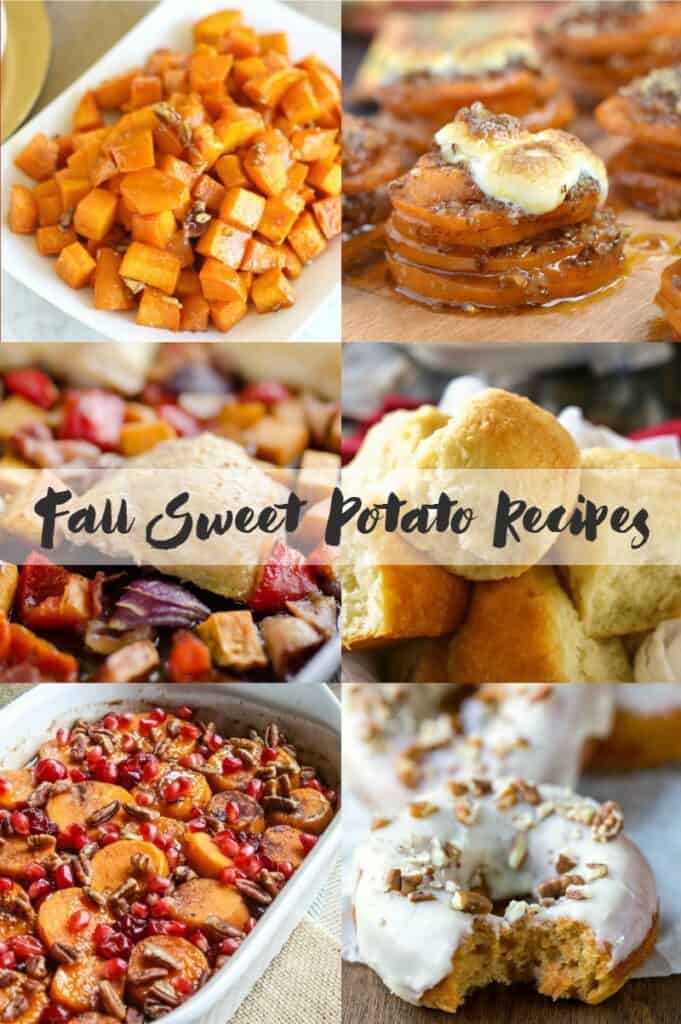 Image with six different sweet potato recipes represented.