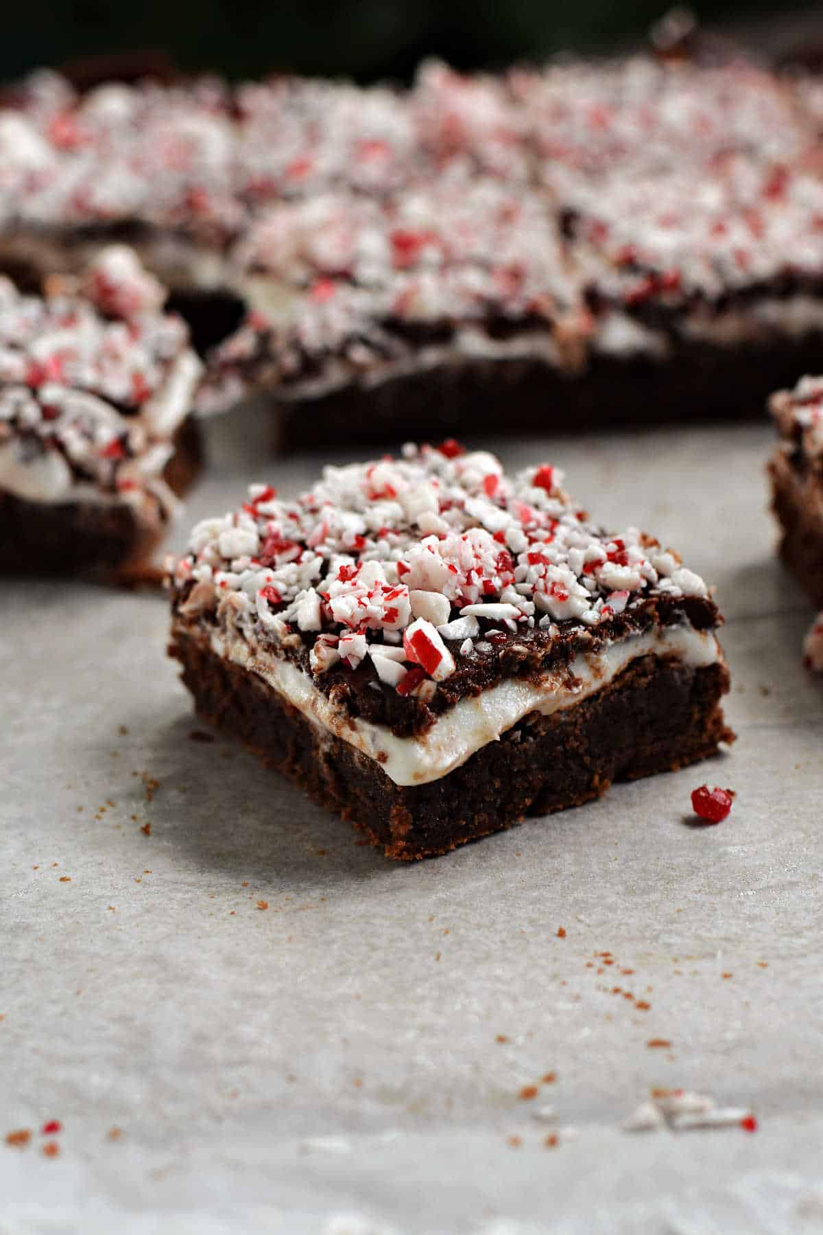 Fudgy peppermint brownies topped with crushed candy canes and cut into squares.