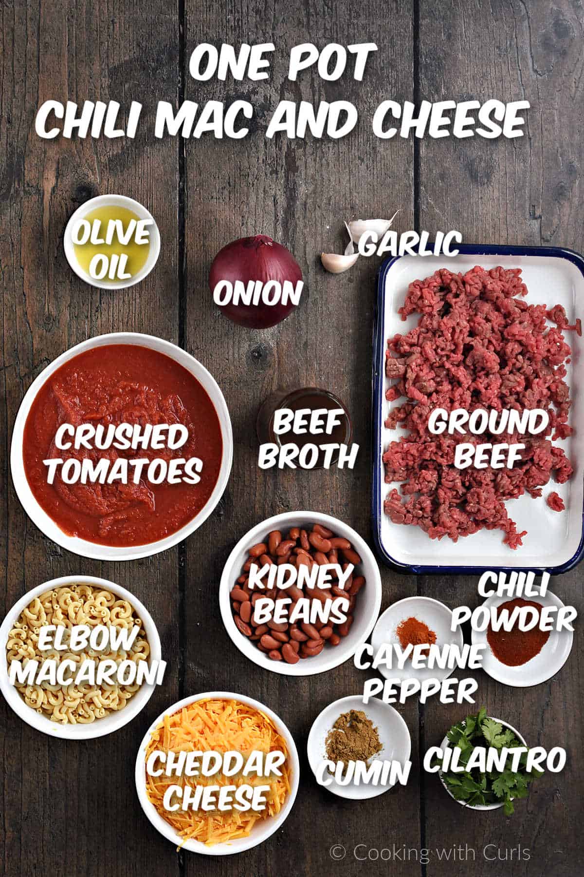 Ingredients to make one-pot chili mac and cheese.
