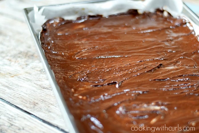 Chocolate ganache topping spread over brownies.