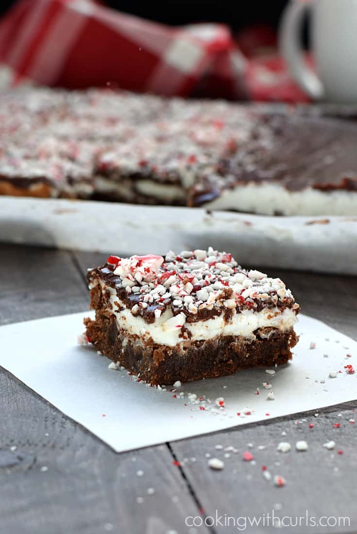 Ganache and candy cane topped brownies.