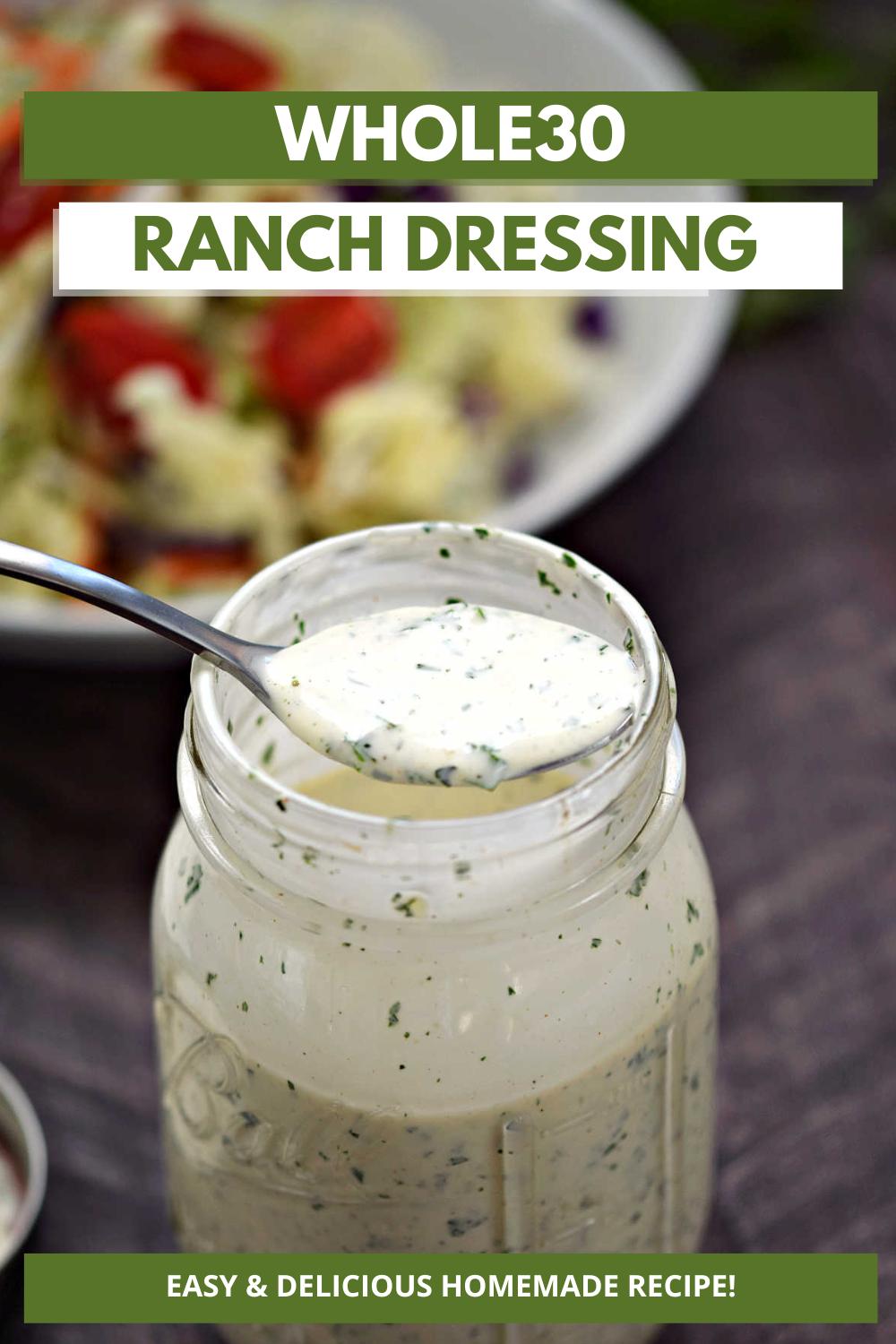 A spoon full of ranch dressing resting across the top of a jar full of dressing with title graphic across the top.