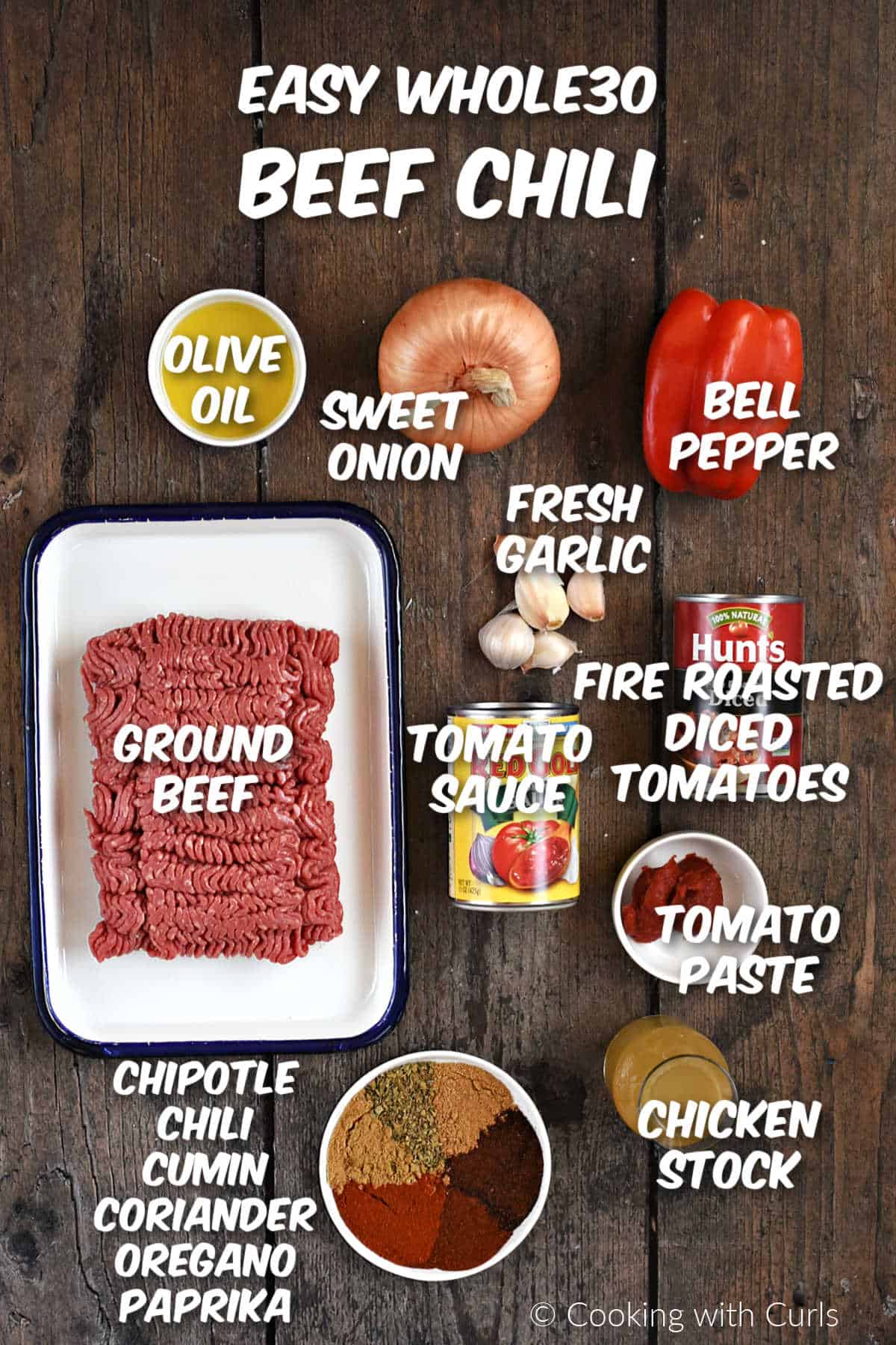 Ingredients needed to make easy whole30 beef chili.