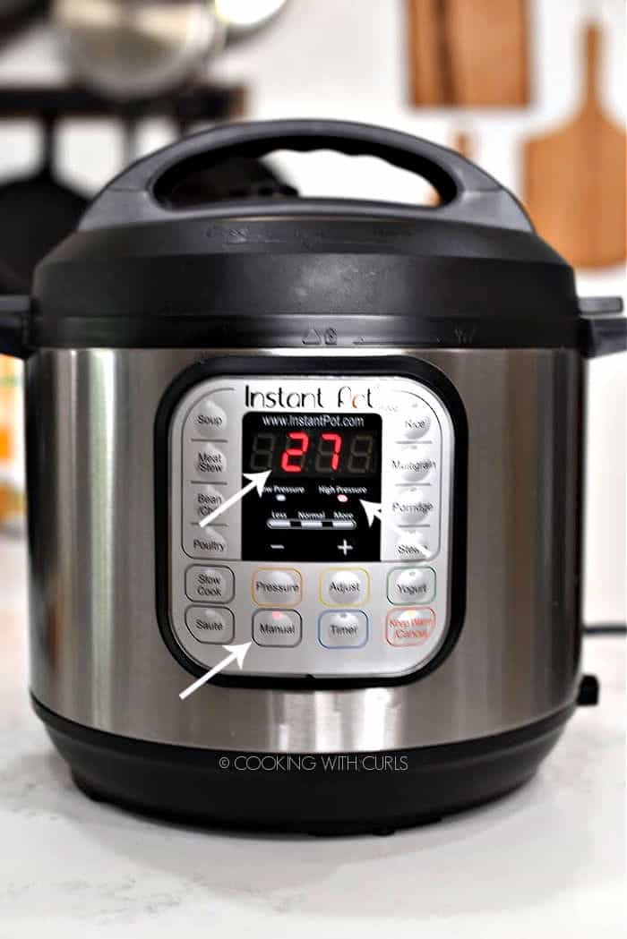Instant Pot set to 27 minutes on Manual High Pressure. 