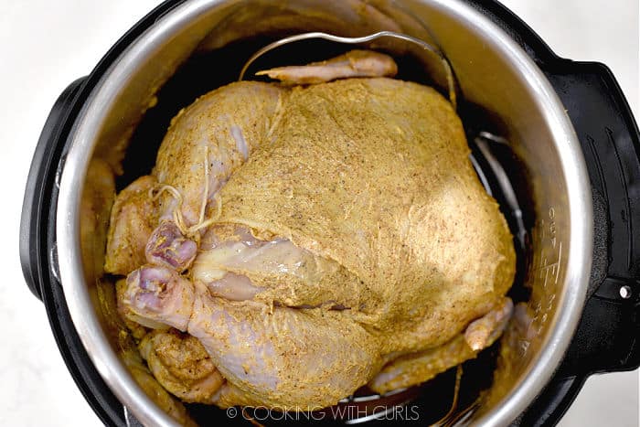 Looking down on a butter rubbed whole chicken in a pressure cooker. 