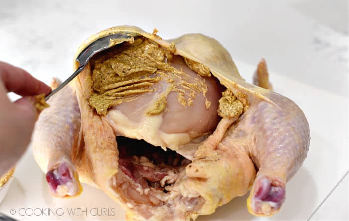 Seasoned butter stuffed under the skin of the whole chicken using a large spoon to hold the skin up out of the way. 