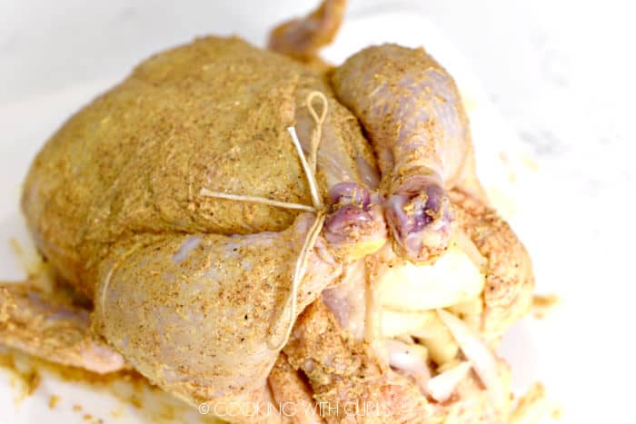 Whole chicken stuffed with onions and garlic with the legs tied together with twine. 