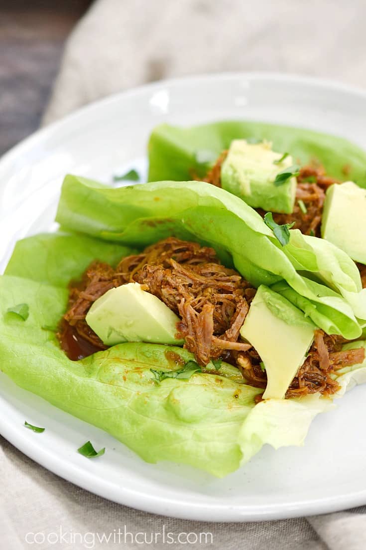 Instant Pot Ancho-Orange Pulled Pork wrapped in lettuce | cookingwithcurls.com