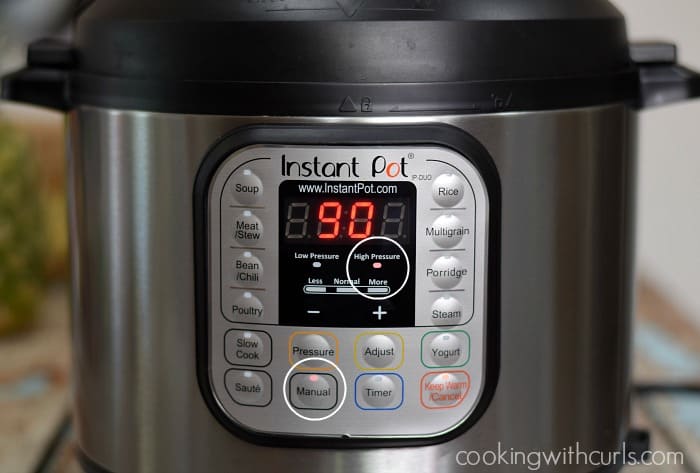 Instant Pot set for 90 minutes with circles around high pressure and manual settings.
