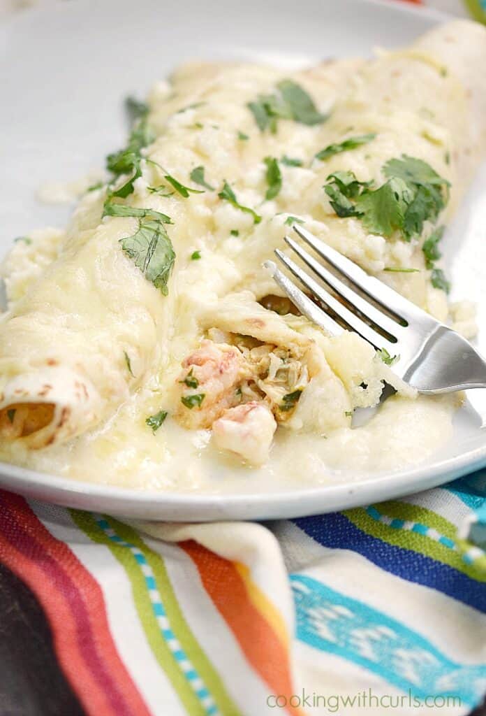 Msg 4 21+These Creamy Seafood Enchiladas are packed full of shrimp and crab in a creamy and delicious sauce that isn't too spicy or too bland to keep everyone happy | cookingwithcurls.com #CervezaCelebration #CollectiveBias