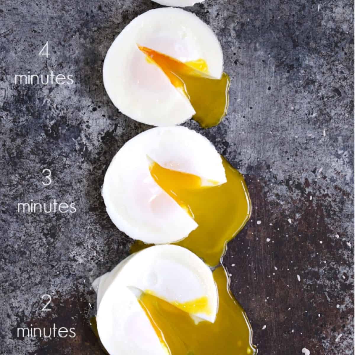 three poached eggs cut open to show inside at two, three and four minutes cooked in an Instant Pot.
