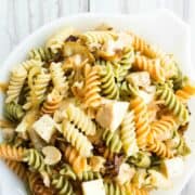 Pasta salad with caramelized onion and chicken.