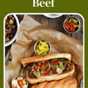 Two Instant Pot Italian beef sandwiches on a parchment lined basket with title graphic across the top.