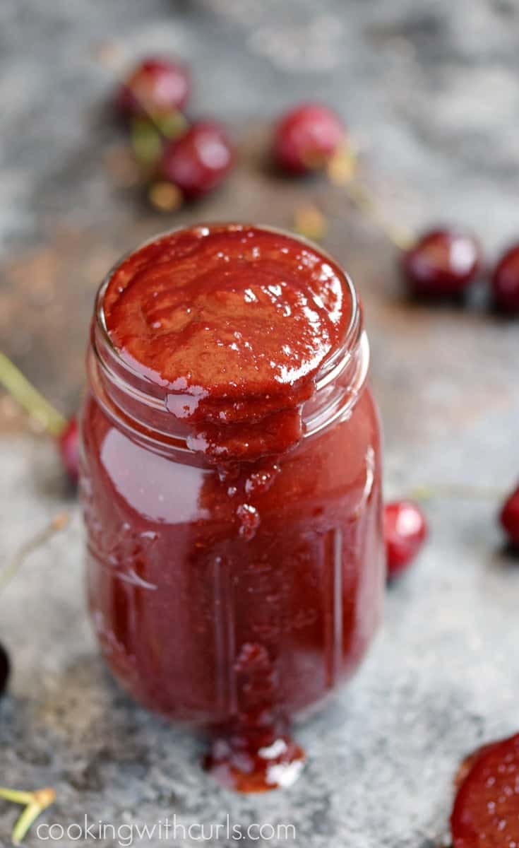 This Cherry Bourbon Barbecue Sauce is sweet, tangy, and slightly spicy for a unique flavor profile perfect for your next summer barbecue | cookingwithcurls.com