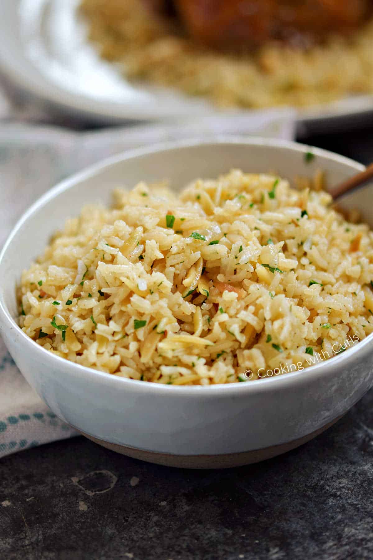 A bowl of classic rice pilaf with orzo pasta.