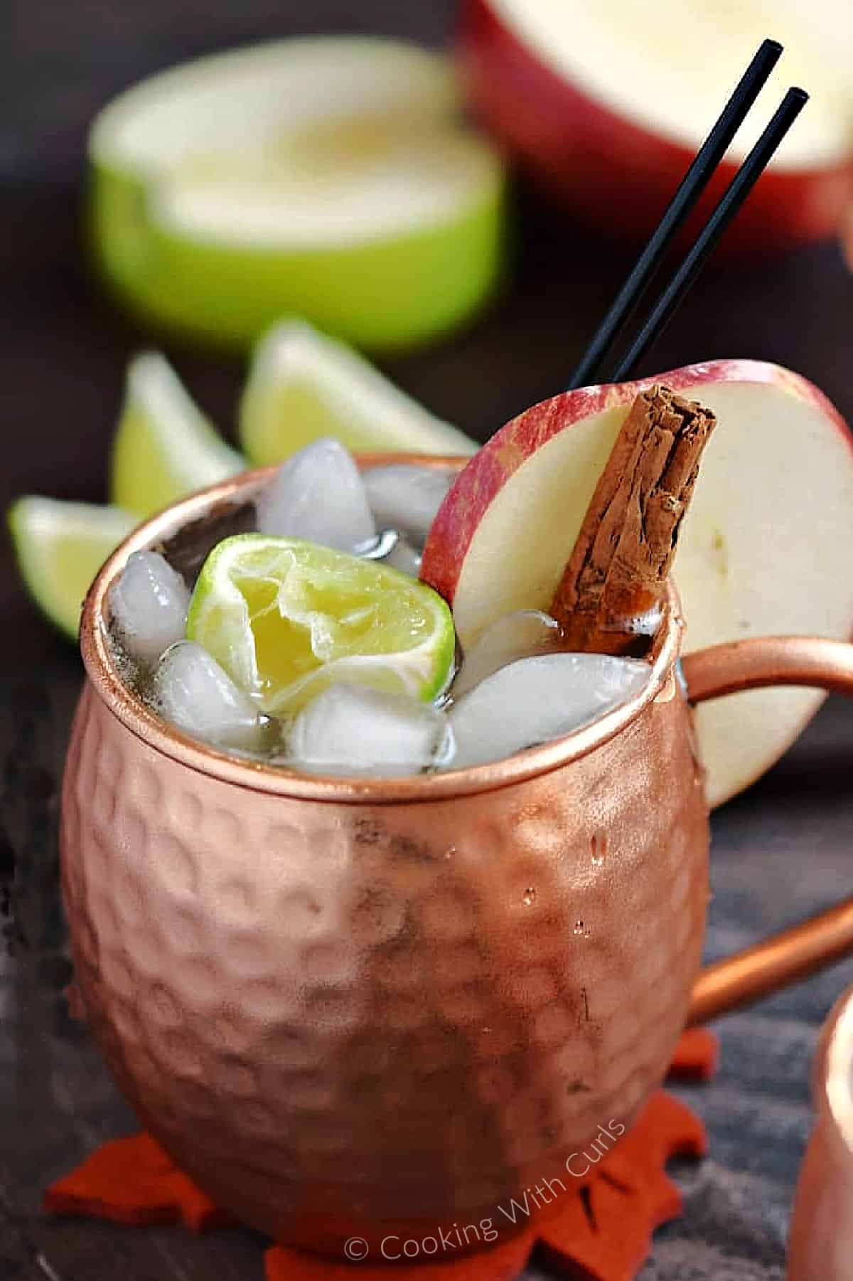 Apple Cider Moscow Mule garnished with an apple slice, cinnamon stick, and lime wedge in a copper mug. 