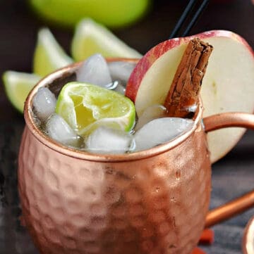 Apple Cider Moscow Mule garnished with an apple slice, cinnamon stick, and lime wedge in a copper mug.