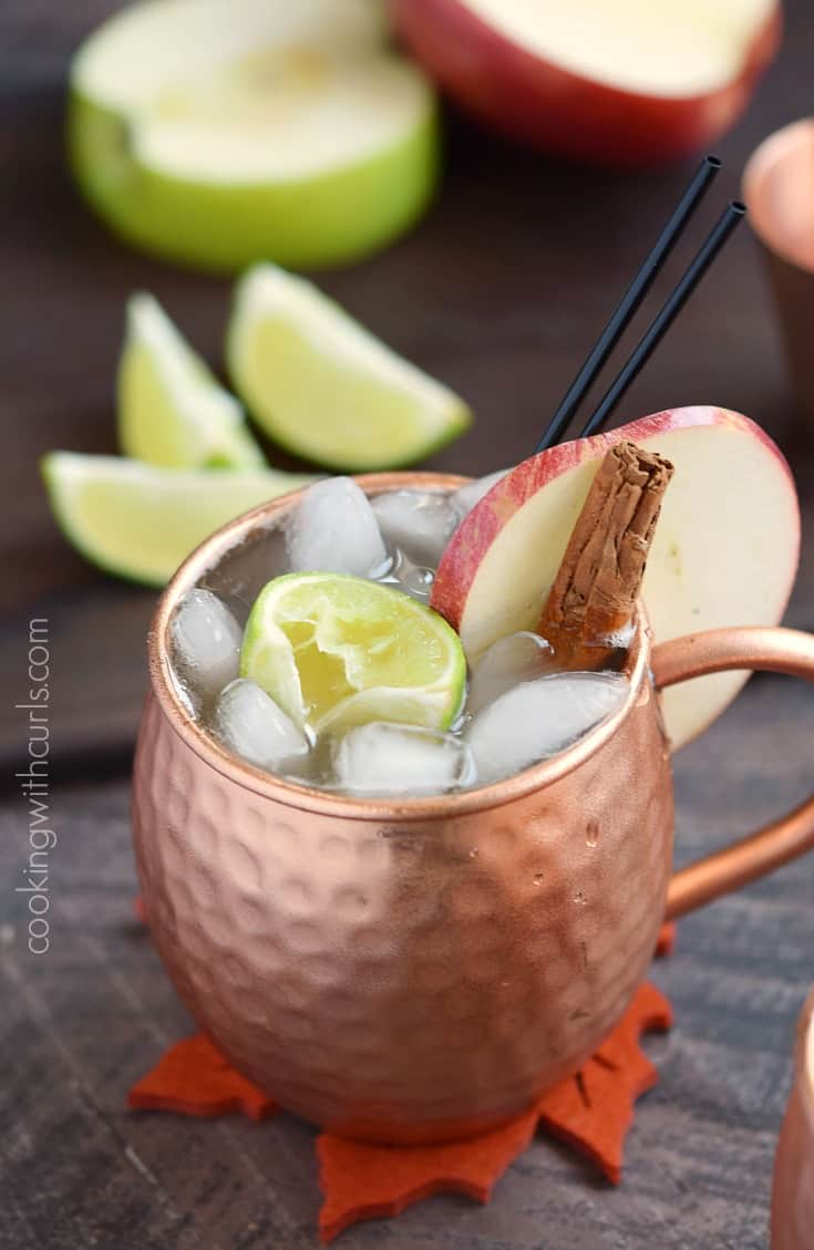 An Apple Cider Mule garnished with a squeezed lime wedge, cinnamon stick, and apple slice in a copper mug.