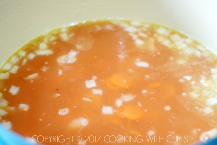 Chopped onion, sliced carrots, tomatoes, and chicken stock in a large pot.