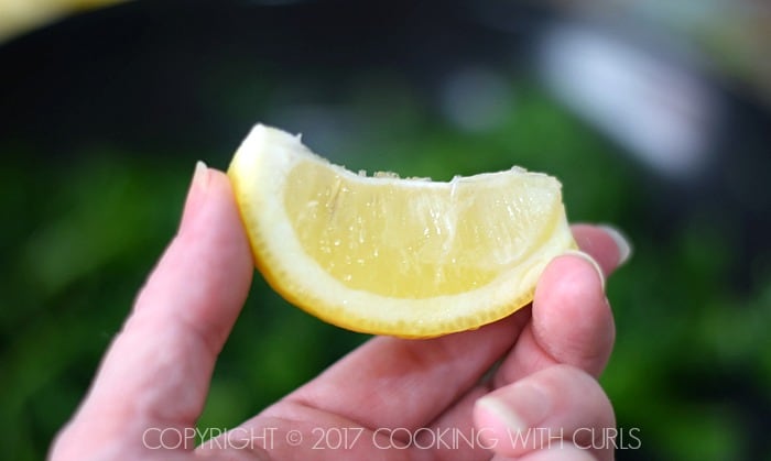A hand holding a lemon wedge.
