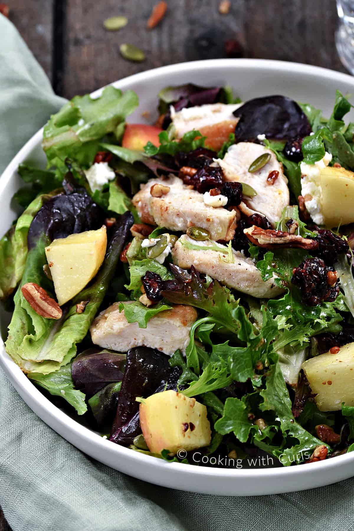 A bowl filled with lettuce, chopped apples, pecans, dried cranberries, sliced chicken, and feta cheese. 