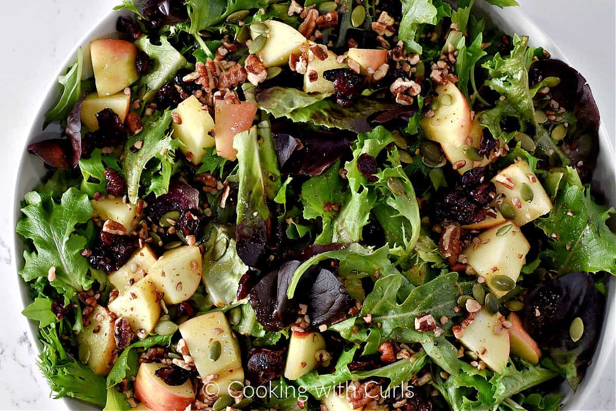 A large bowl filled with salad mix, pecans, chopped apples, dried cranberries, and pumpkin seeds. 