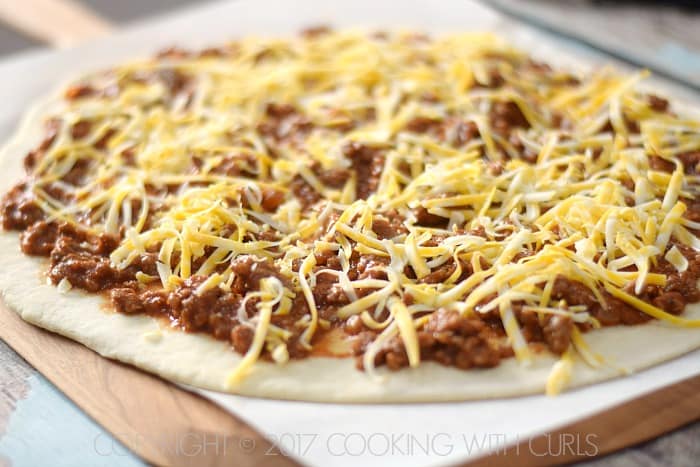 Chili Cheese Dog Pizza top with Colby Jack Cheese COPYRIGHT © 2017 COOKING WITH CURLS